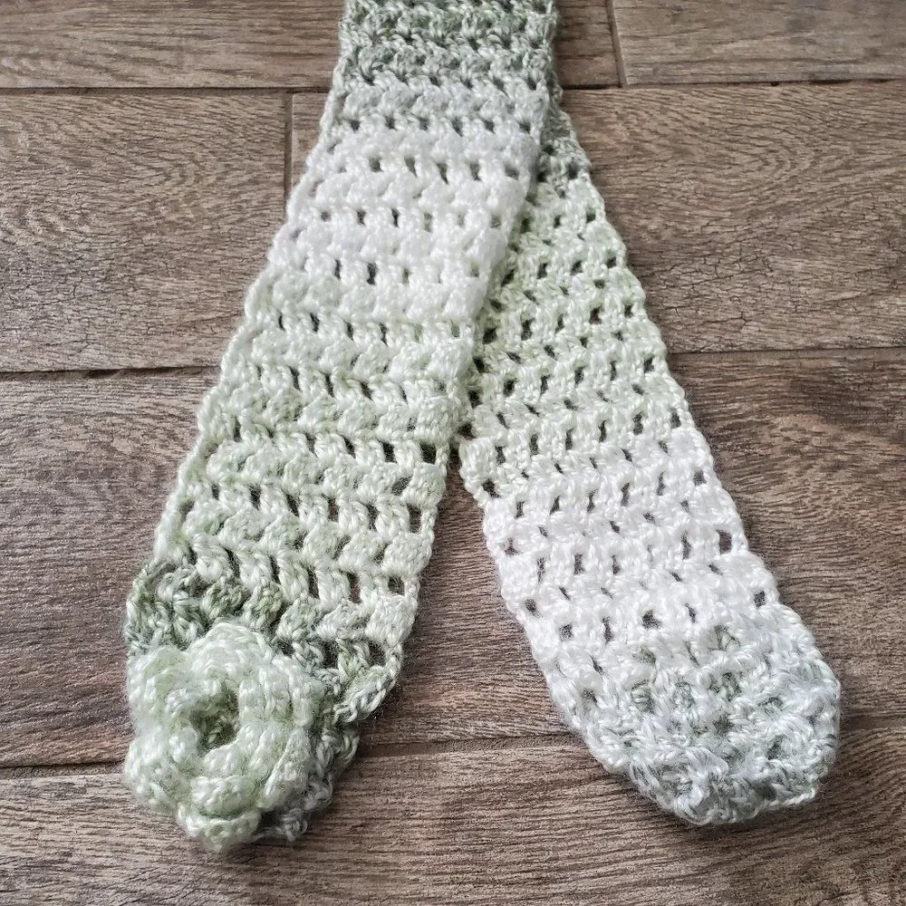 BOGO Scarf Sale - Hand Crafted ombre green and white with flowers crochet scarf